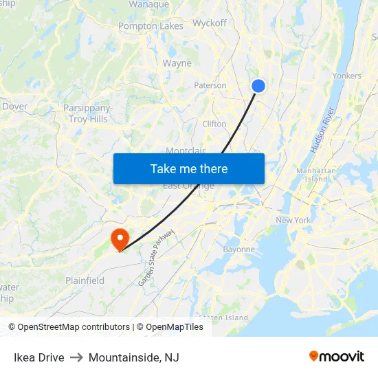 Ikea Drive to Mountainside, NJ map