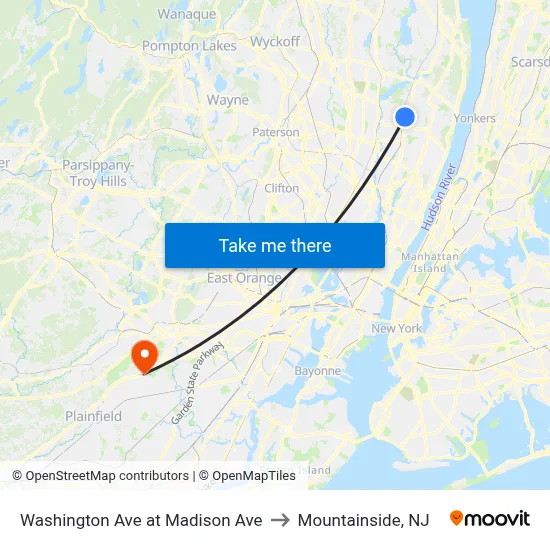 Washington Ave at Madison Ave to Mountainside, NJ map
