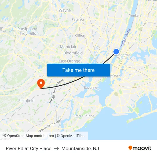 River Rd at City Place to Mountainside, NJ map