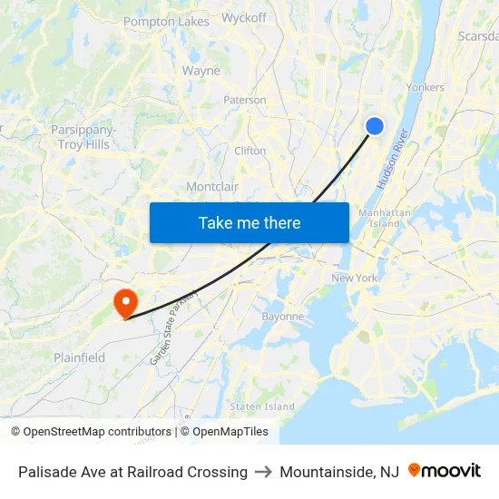 Palisade Ave at Railroad Crossing to Mountainside, NJ map