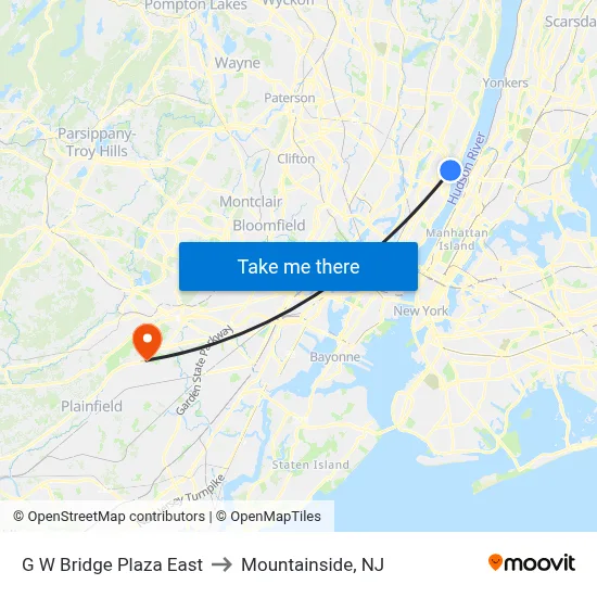 G W Bridge Plaza East to Mountainside, NJ map