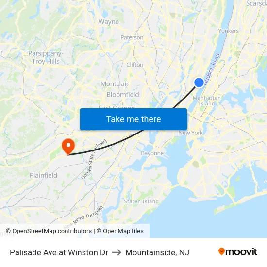 Palisade Ave at Winston Dr to Mountainside, NJ map