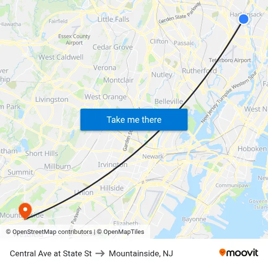 Central Ave at State St to Mountainside, NJ map