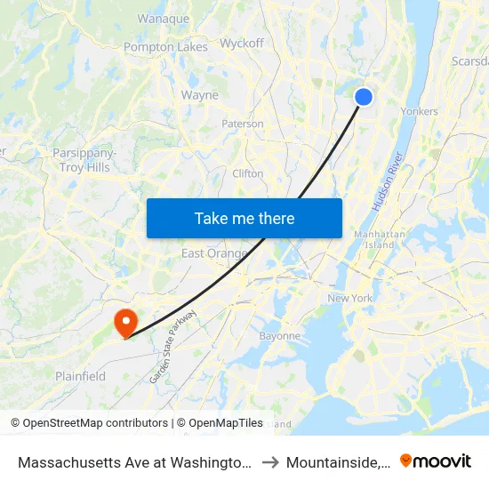 Massachusetts Ave at Washington Ave to Mountainside, NJ map