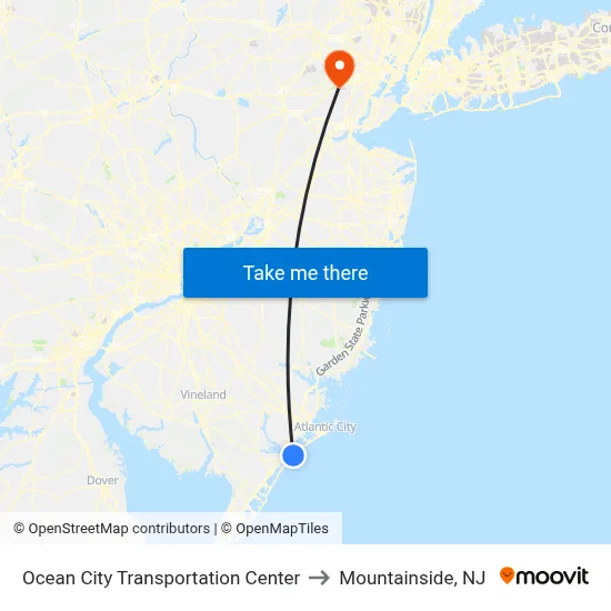 Ocean City Transportation Center to Mountainside, NJ map
