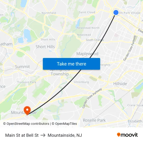 Main St at Bell St to Mountainside, NJ map