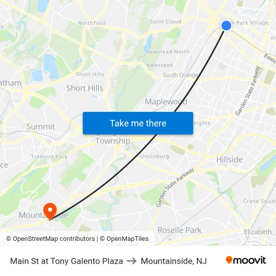 Main St at Tony Galento Plaza to Mountainside, NJ map