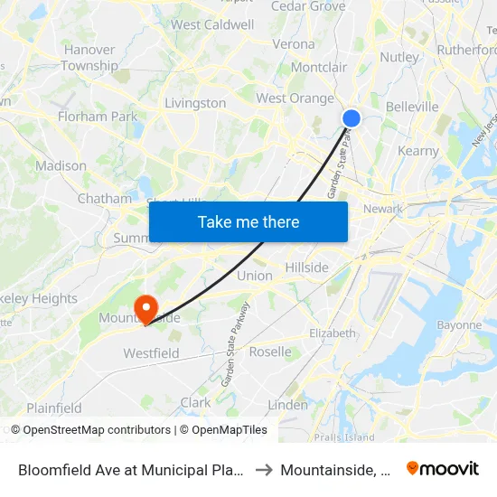 Bloomfield Ave at Municipal Plaza to Mountainside, NJ map