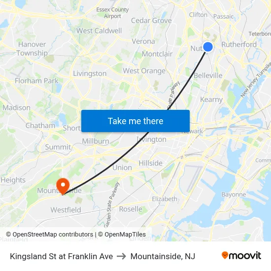 Kingsland St at Franklin Ave to Mountainside, NJ map