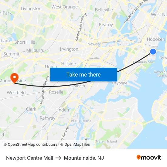 Newport Centre Mall to Mountainside, NJ map