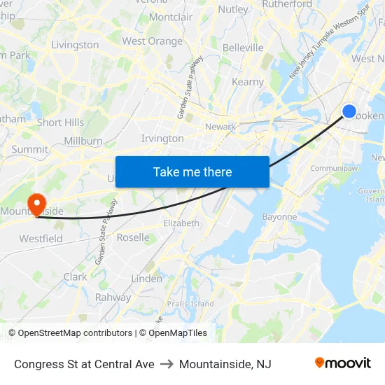 Congress St at Central Ave to Mountainside, NJ map