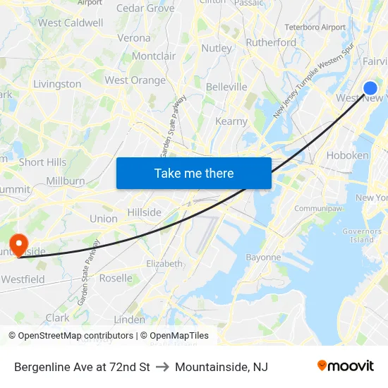 Bergenline Ave at 72nd St to Mountainside, NJ map