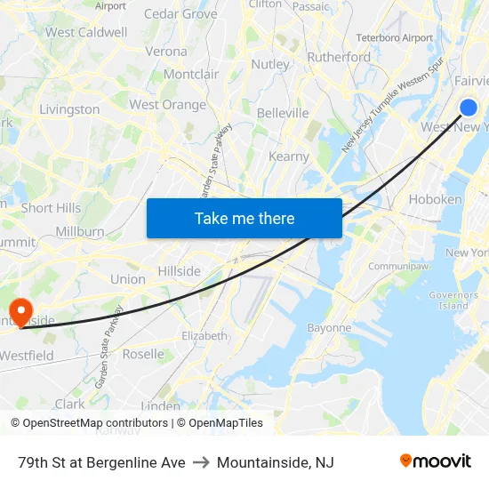 79th St at Bergenline Ave to Mountainside, NJ map
