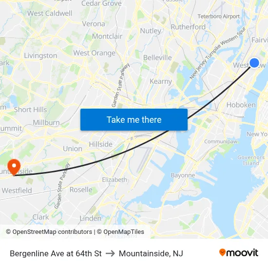 Bergenline Ave at 64th St to Mountainside, NJ map