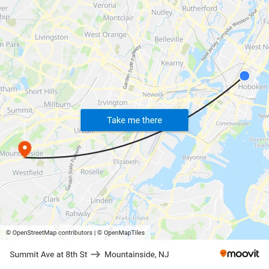 Summit Ave at 8th St to Mountainside, NJ map