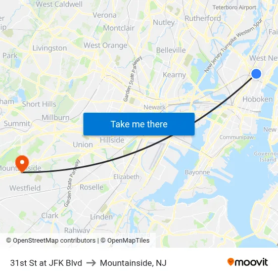 31st St at JFK Blvd to Mountainside, NJ map
