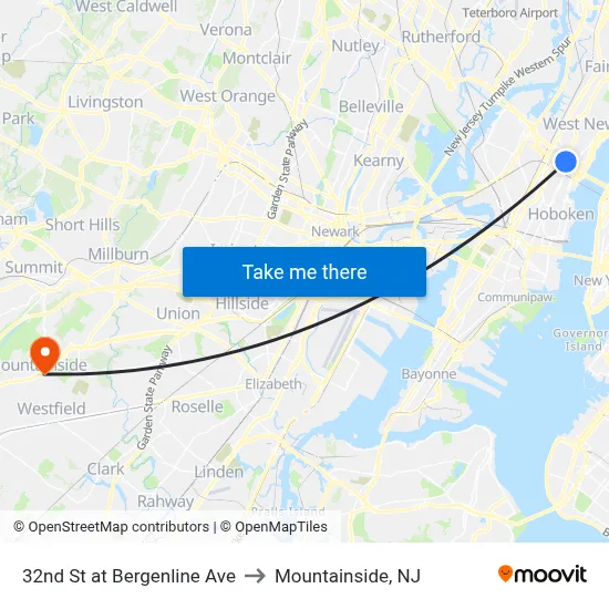 32nd St at Bergenline Ave to Mountainside, NJ map