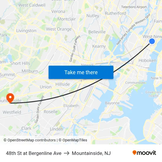 48th St at Bergenline Ave to Mountainside, NJ map