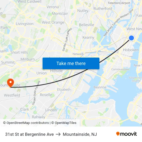 31st St at Bergenline Ave to Mountainside, NJ map