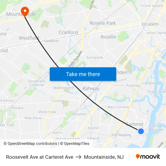 Roosevelt Ave at Carteret Ave to Mountainside, NJ map