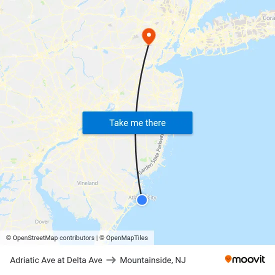 Adriatic Ave at Delta Ave to Mountainside, NJ map