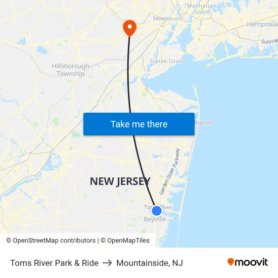 Toms River Park & Ride to Mountainside, NJ map