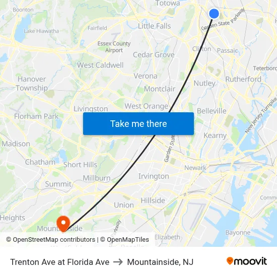 Trenton Ave at Florida Ave to Mountainside, NJ map