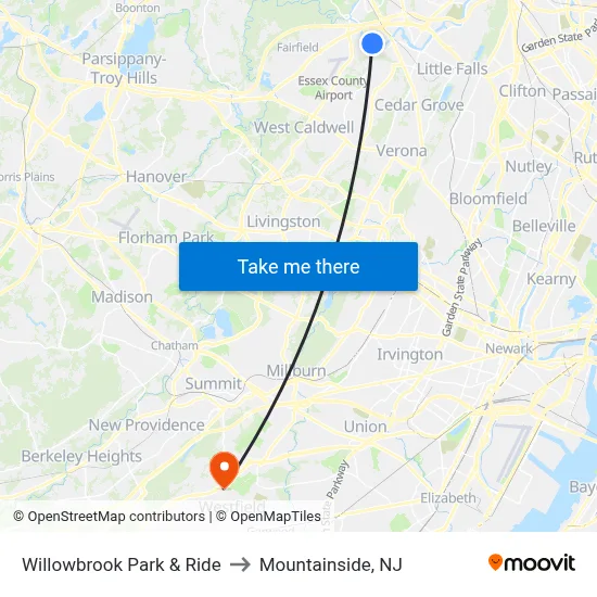 Willowbrook Park & Ride to Mountainside, NJ map