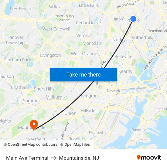 Main Ave Terminal to Mountainside, NJ map