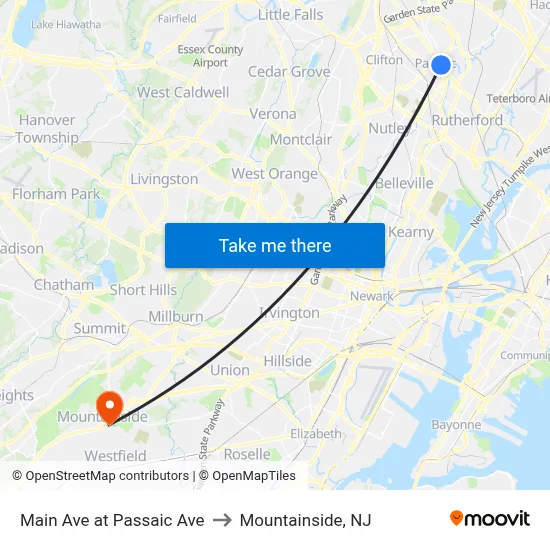 Main Ave at Passaic Ave to Mountainside, NJ map