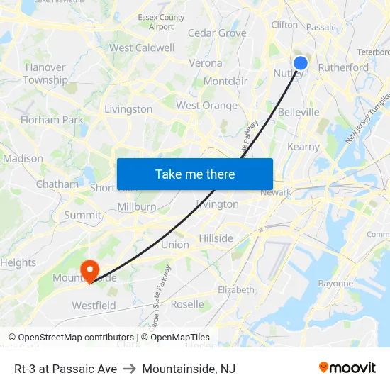 Rt-3 at Passaic Ave to Mountainside, NJ map