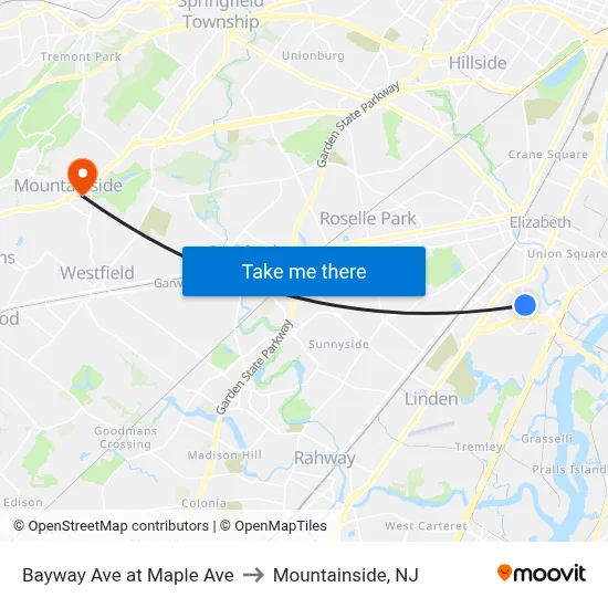 Bayway Ave at Maple Ave to Mountainside, NJ map