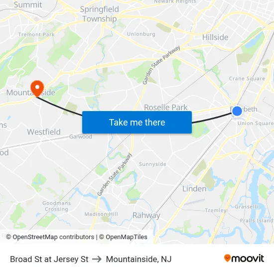 Broad St at Jersey St to Mountainside, NJ map