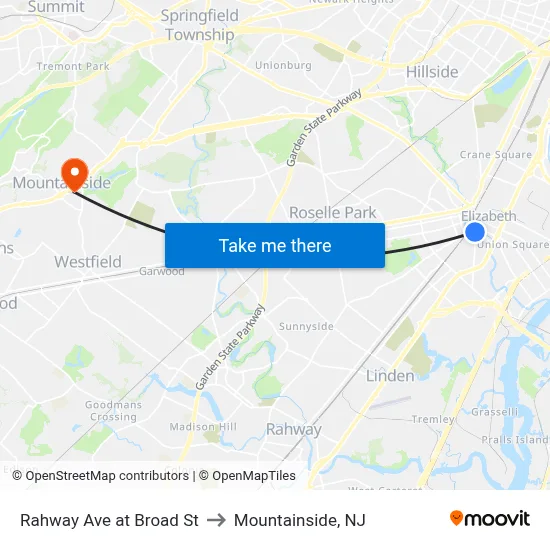 Rahway Ave at Broad St to Mountainside, NJ map