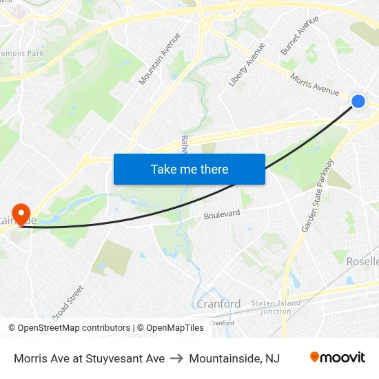 Morris Ave at Stuyvesant Ave to Mountainside, NJ map