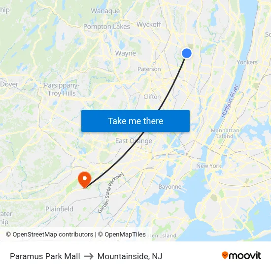Paramus Park Mall to Mountainside, NJ map