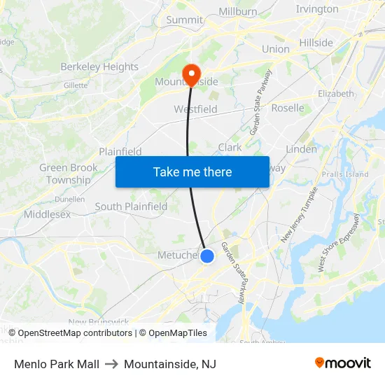 Menlo Park Mall to Mountainside, NJ map