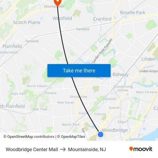 Woodbridge Center Mall to Mountainside, NJ map