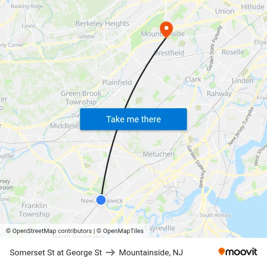 Somerset St at George St to Mountainside, NJ map