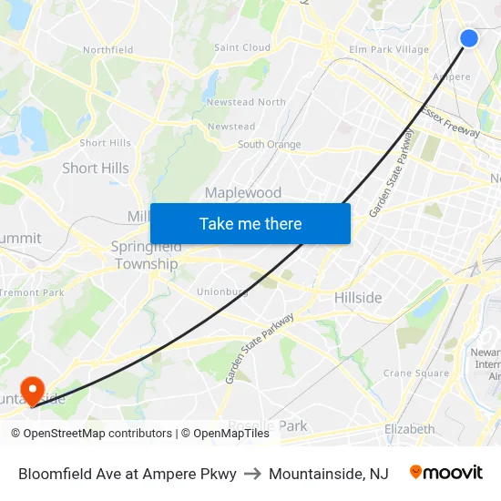 Bloomfield Ave at Ampere Pkwy to Mountainside, NJ map