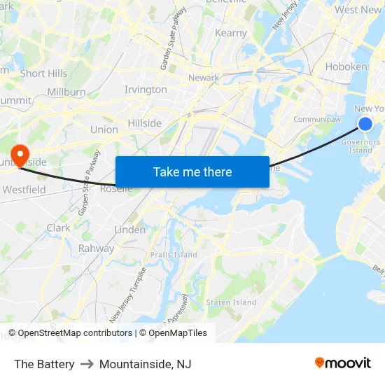 The Battery to Mountainside, NJ map