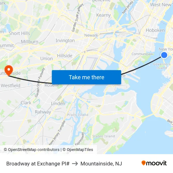 Broadway at Exchange Pl# to Mountainside, NJ map