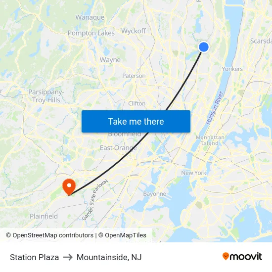 Station Plaza to Mountainside, NJ map