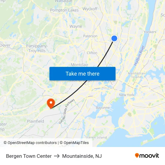 Bergen Town Center to Mountainside, NJ map