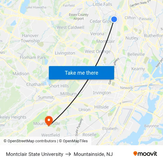 Montclair State University to Mountainside, NJ map