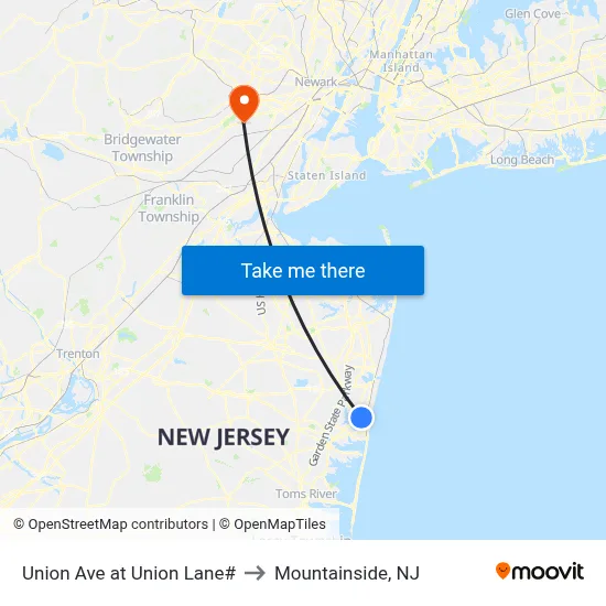 Union Ave at Union Lane# to Mountainside, NJ map