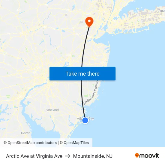 Arctic Ave at Virginia Ave to Mountainside, NJ map
