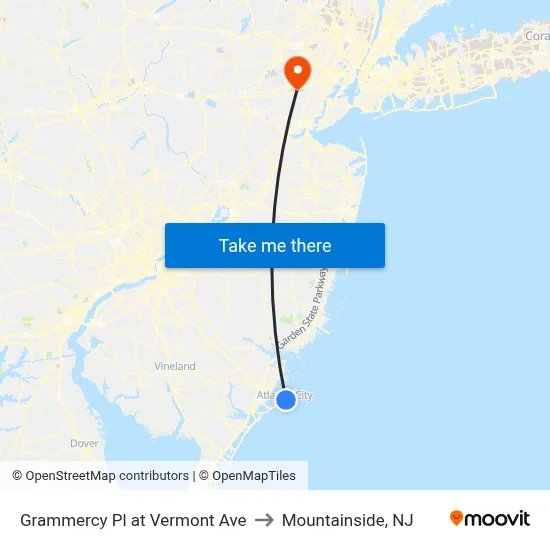 Grammercy Pl at Vermont Ave to Mountainside, NJ map