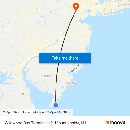 Wildwood Bus Terminal to Mountainside, NJ map