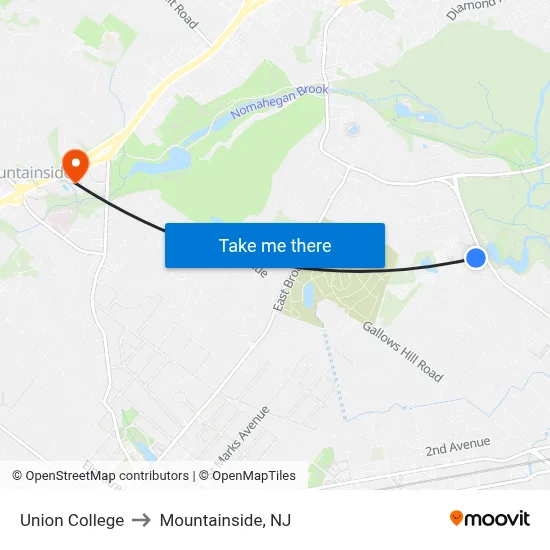 Union College to Mountainside, NJ map